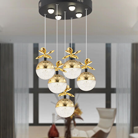 Lokken 5'li Yuvarlak 50 Watt Gold Kristal Ledli Modern Oturma Odası Salon Sarkıt Avize 