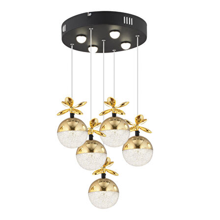 Lokken 5'li Yuvarlak 50 Watt Gold Kristal Ledli Modern Oturma Odası Salon Sarkıt Avize 