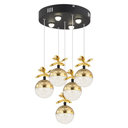 Lokken 5'li Yuvarlak 50 Watt Gold Kristal Ledli Modern Oturma Odası Salon Sarkıt Avize 