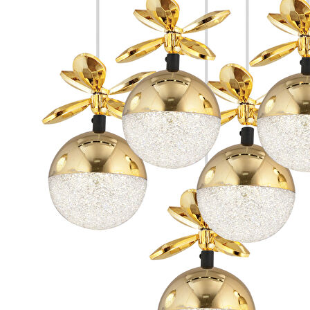 Lokken 5'li Yuvarlak 50 Watt Gold Kristal Ledli Modern Oturma Odası Salon Sarkıt Avize 