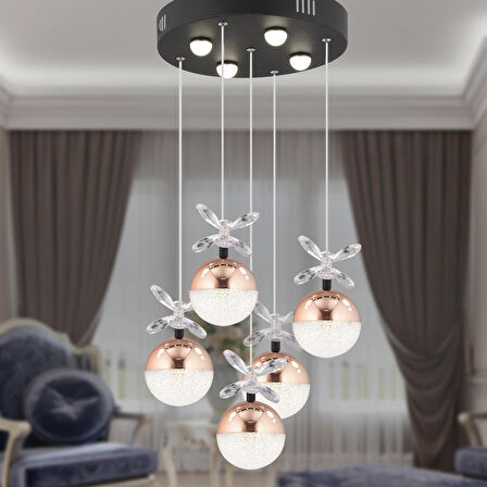 Lokken 5'li Yuvarlak 50 Watt Bakır Kristal Ledli Modern Oturma Odası Salon Sarkıt Avize 