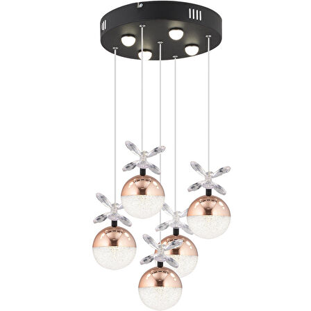 Lokken 5'li Yuvarlak 50 Watt Bakır Kristal Ledli Modern Oturma Odası Salon Sarkıt Avize 