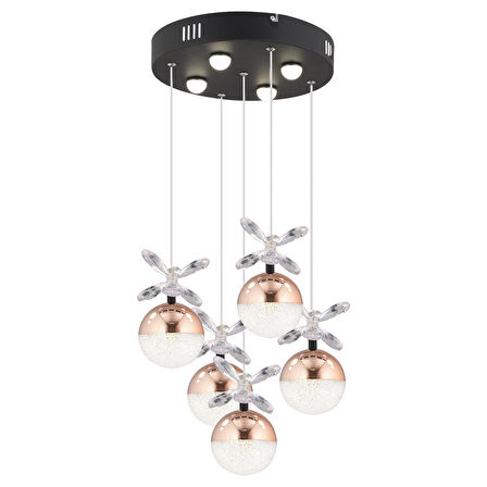 Lokken 5'li Yuvarlak 50 Watt Bakır Kristal Ledli Modern Oturma Odası Salon Sarkıt Avize 