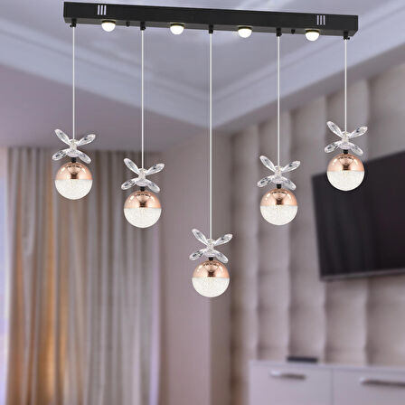 Lokken 5'li Sıralı Bakır 50 Watt Kristal Ledli Modern Oturma Odası Salon Sarkıt Avize 