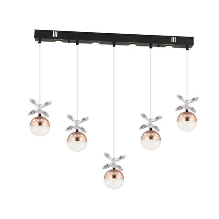 Lokken 5'li Sıralı Bakır 50 Watt Kristal Ledli Modern Oturma Odası Salon Sarkıt Avize 