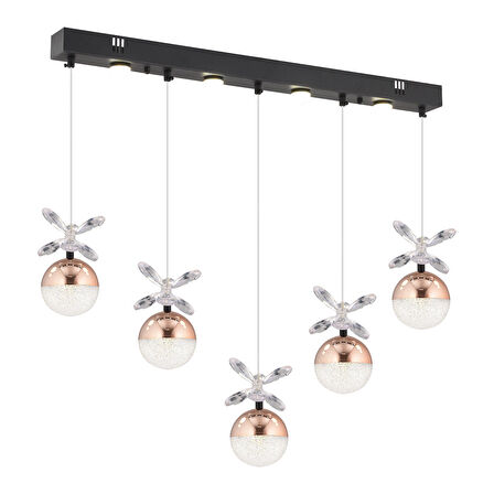 Lokken 5'li Sıralı Bakır 50 Watt Kristal Ledli Modern Oturma Odası Salon Sarkıt Avize 