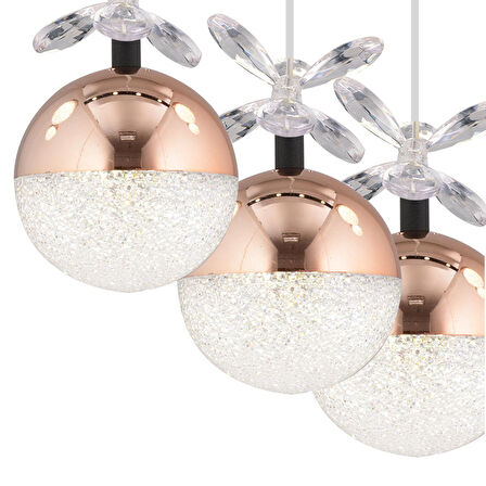 Lokken 5'li Sıralı Bakır 50 Watt Kristal Ledli Modern Oturma Odası Salon Sarkıt Avize 