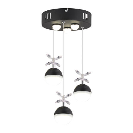 Ekin 3'lü Yuvarlak 24 Watt Siyah Ledli Kelebek Detaylı Modern Koridor, Yatak Odası Salon Sarkıt Led Avize