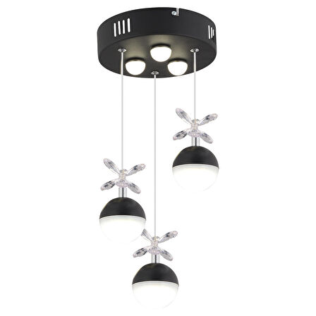 Ekin 3'lü Yuvarlak 24 Watt Siyah Ledli Kelebek Detaylı Modern Koridor, Yatak Odası Salon Sarkıt Led Avize