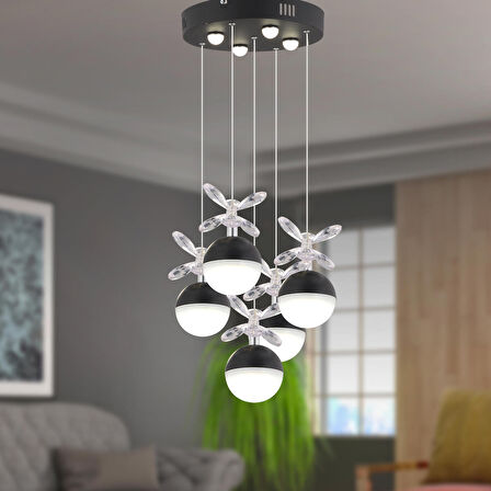 Ekin 5'li Yuvarlak 62 Watt Siyah Ledli Kelebek Detaylı Modern Koridor, Yatak Odası Salon Sarkıt Led Avize