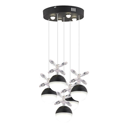 Ekin 5'li Yuvarlak 62 Watt Siyah Ledli Kelebek Detaylı Modern Koridor, Yatak Odası Salon Sarkıt Led Avize