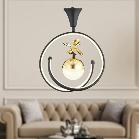 Mengü Tekli Siyah Gold Ledi Modern Oturma Odası, Koridor, Salon Led Avize