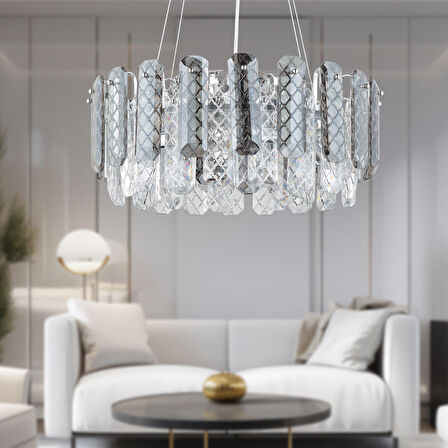 West 50'lik Krom Kristalli Taşlı Modern Tasarım Kristal Salon Avize
