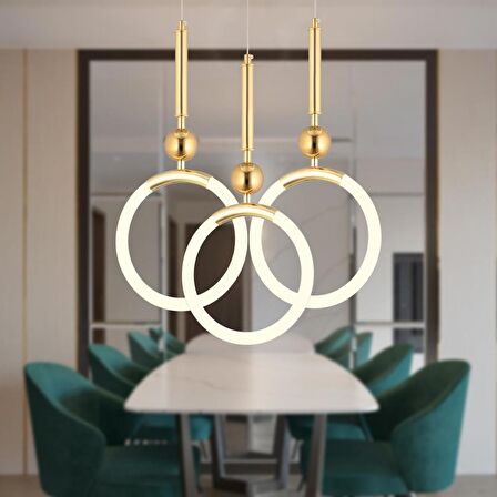 Struer 3'lü Yuvarlak Gold Ledli Modern Koridor, Yatak Odası Salon Sarkıt Led Avize