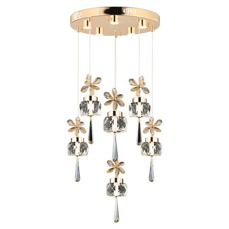 Amaris 6'lı Yuvarlak Gold Kelebek Led Avize Kristal Ledli Modern Oturma Odası Büyük Salon Sarkıt Avize