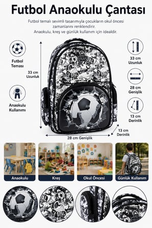Futbol Anaokulu Sırt Çantası Football Temalı 33x28x13 cm Çocuk Okul Öncesi Kreş Günlük Çantası