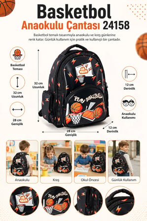 Basketbol Basketball Anaokulu Sırt Çantası 24158 32x28x12 cm Çocuk Okul Öncesi Kreş Çantası