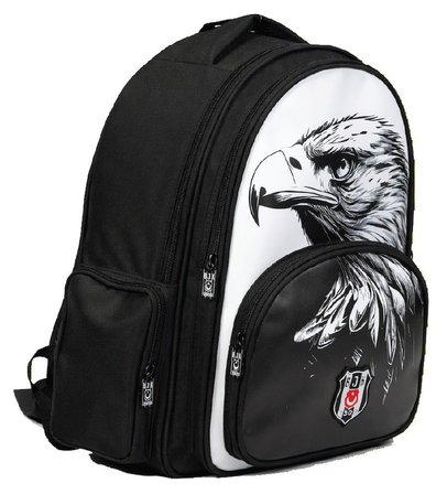 Beşiktaş Üç Bölmeli Erkek Çocuk Kartal Baskılı Beyaz - Siyah Okul Sırt Çantası - 26361