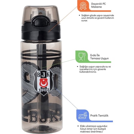 Beşiktaş Lisanslı 500ML Pipetli Kilitli Kapaklı Siyah Matara 26369
