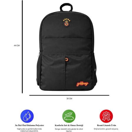 Galatasaray Okul Çantası Siyah Su Geçirmez Laptop Bölmeli 3 Bölmeli Sırt Çantası