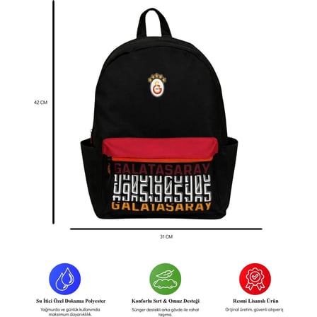 Galatasaray 3 Bölmeli Laptop Gözlü Sırt Çantası Su İtici Polyester 42x31 cm