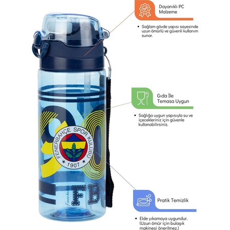 Fenerbahçe Lisanslı 500ML Pipetli Kilitli Kapaklı Mavi Su Matarası 26769