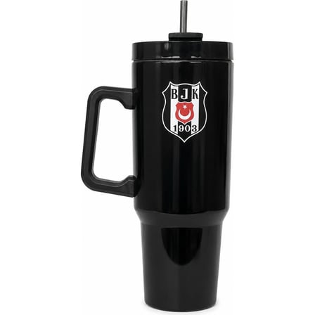 Beşiktaş Lisanslı Pipetli Kulplu Termos Mug Siyah 1,20 Litre Paslanmaz Çelik Matara
