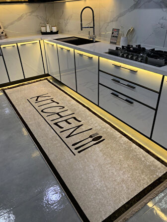 Lateks Deri Taban Saçaklı Mutfak Halısı - Kahverengi