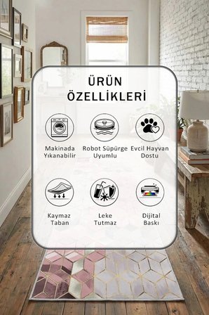 Suerto Pembe Yıkanabilir Kaymaz Taban Dijital Baskılı Yolluk Halı