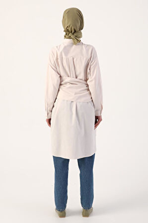 Açık Pembe-Kuşaklı Rahat Kalıp Gömlek