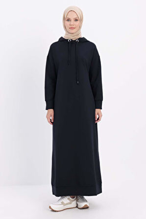 Lacivert-Kapüşonlu Örme Elbise
