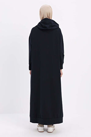 Lacivert-Kapüşonlu Örme Elbise