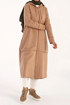 Bisküvi-Kapüşonlu Fermuarlı Hırka