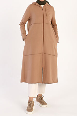 Bisküvi-Kapüşonlu Fermuarlı Hırka