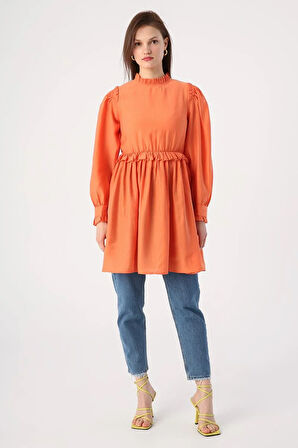 Oranj-Fırfır Detaylı Beli Büzgülü Tunik