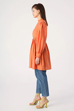 Oranj-Fırfır Detaylı Beli Büzgülü Tunik