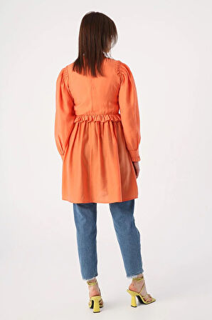 Oranj-Fırfır Detaylı Beli Büzgülü Tunik