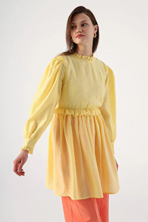 Açık Sarı-Fırfır Detaylı Beli Büzgülü Tunik