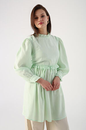 Turkuaz-Fırfır Detaylı Beli Büzgülü Tunik