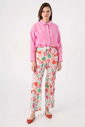 Beyaz-Pembe-Desenli Beli Lastikli Rahat Kalıp Pantolon