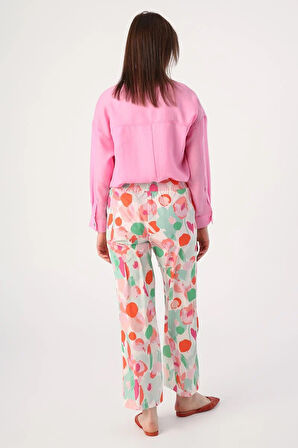 Beyaz-Pembe-Desenli Beli Lastikli Rahat Kalıp Pantolon