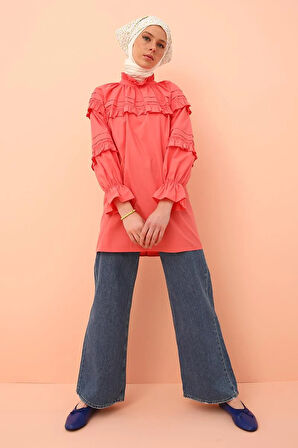 Pembe-Fırfır Detaylı Oversize Tunik