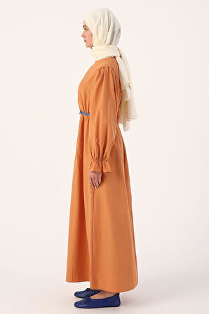 Turuncu-Büzgülü Kemerli Elbise