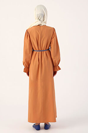 Turuncu-Büzgülü Kemerli Elbise