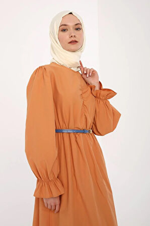 Turuncu-Büzgülü Kemerli Elbise