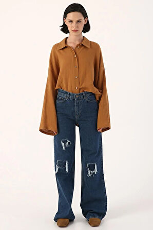 Mavi-Yüksek Bel Yırtık Detaylı Jean Pantolon