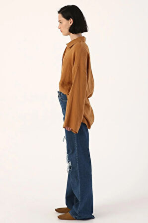 Mavi-Yüksek Bel Yırtık Detaylı Jean Pantolon