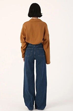 Mavi-Yüksek Bel Yırtık Detaylı Jean Pantolon