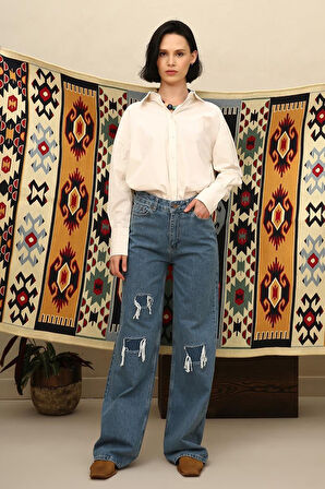 Mavi01-Yüksek Bel Yırtık Detaylı Jean Pantolon