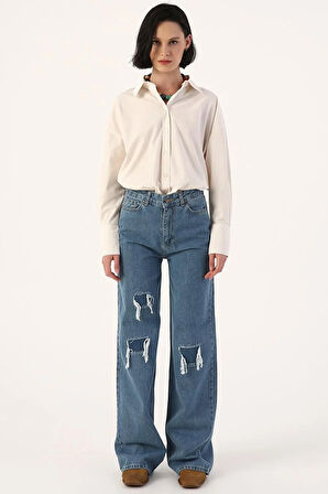 Mavi01-Yüksek Bel Yırtık Detaylı Jean Pantolon